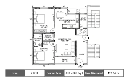 2 BHK 810–888 SqFt
